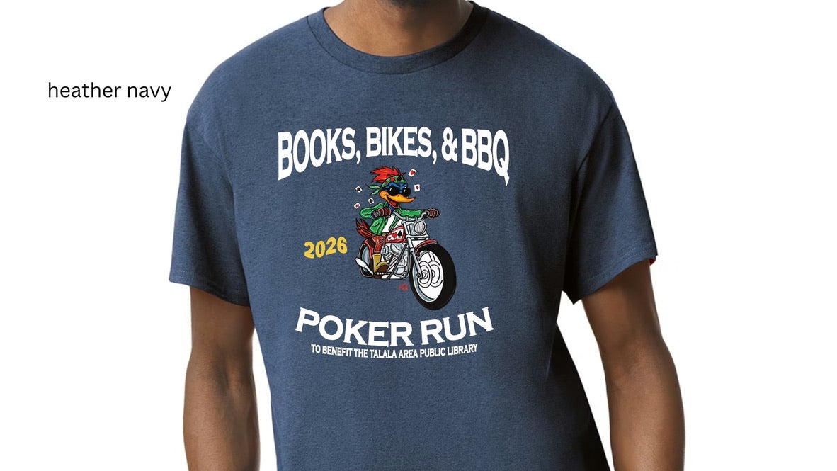 Books, Bikes & BBQ Poker Run event tee