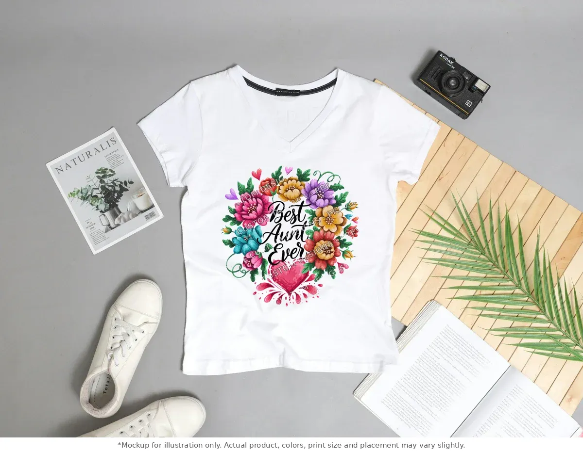 White tee mockup, flat lay with props
