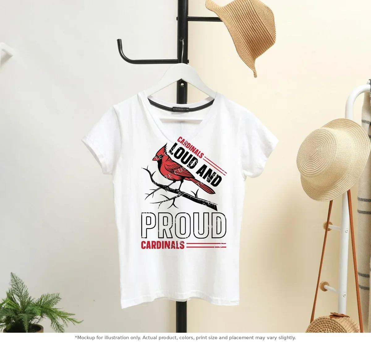 White tee mockup, on a hanger in a styled room