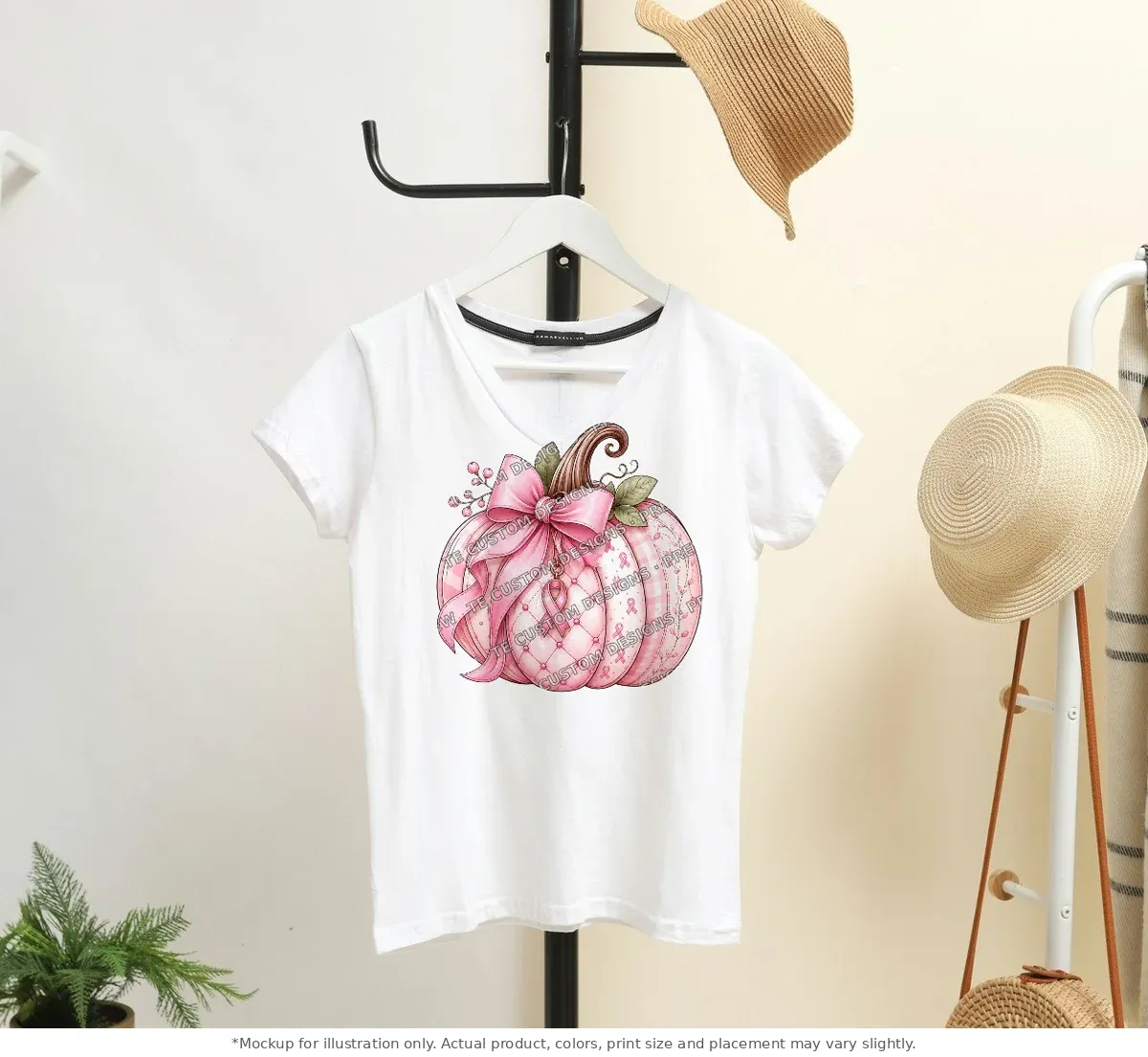 White tee mockup, on a hanger in a styled room