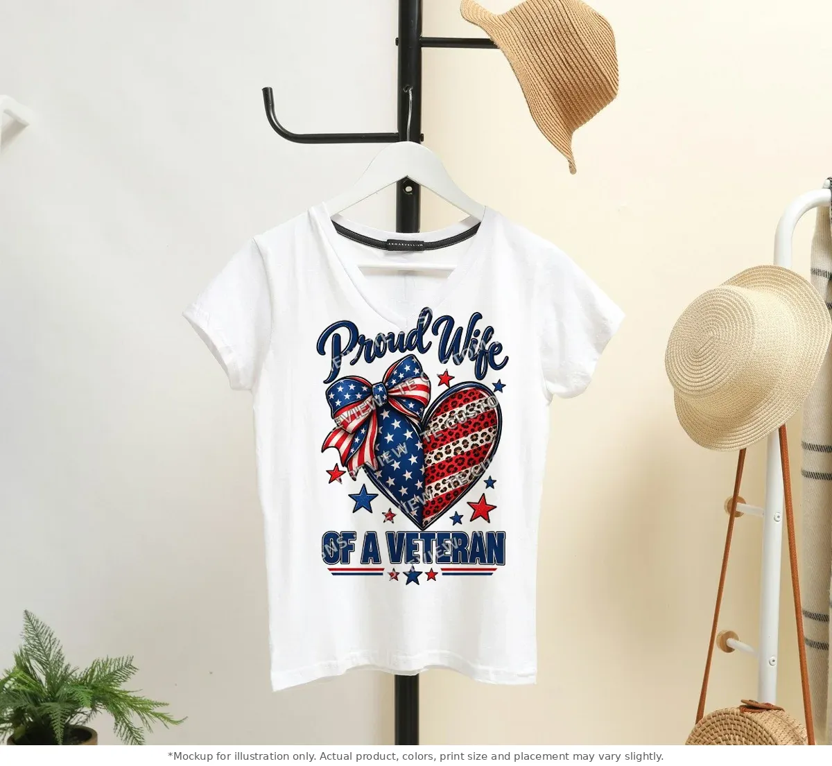 White tee mockup, on a hanger in a styled room