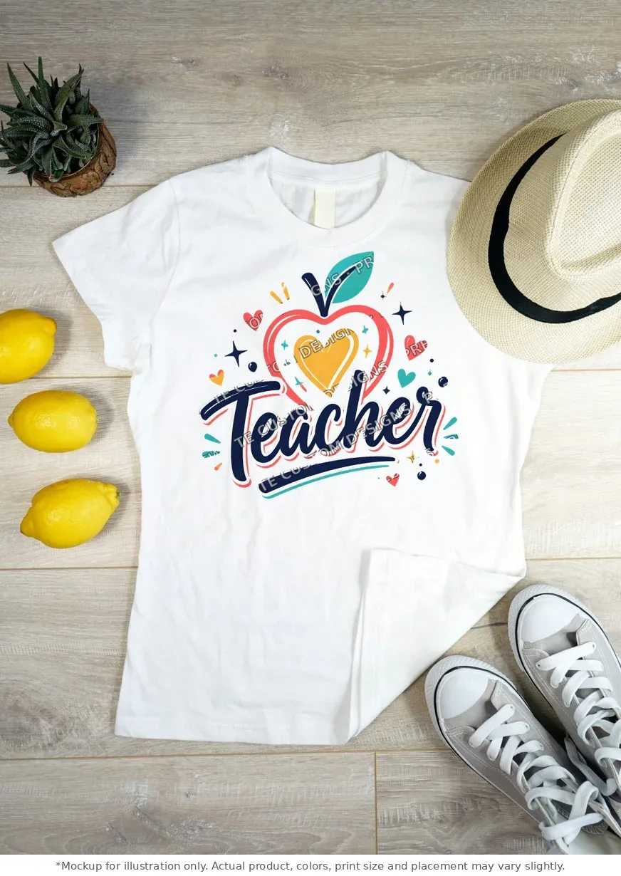 White tee mockup, flat lay on wood