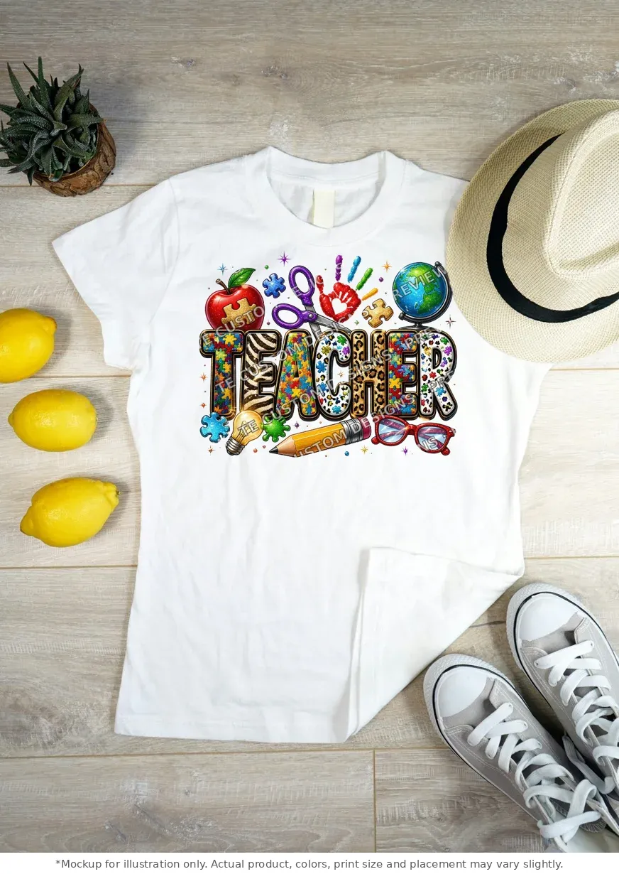 White tee mockup, flat lay on wood