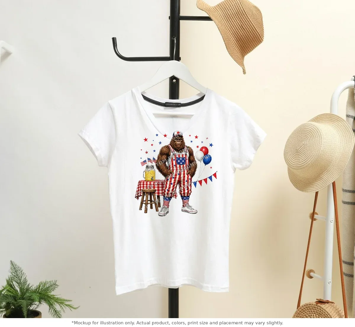 White tee mockup, on a hanger in a styled room