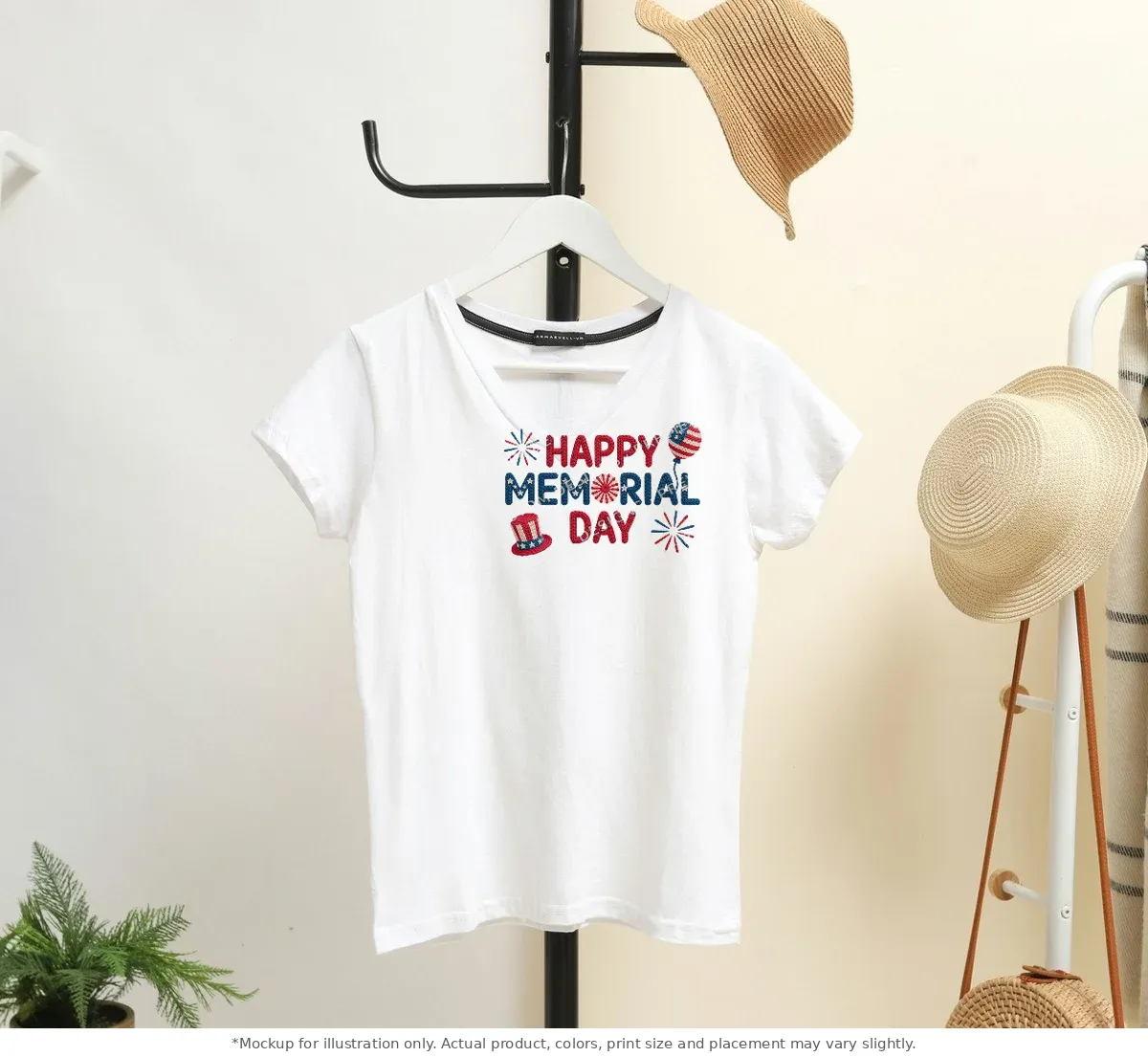 White tee mockup, on a hanger in a styled room