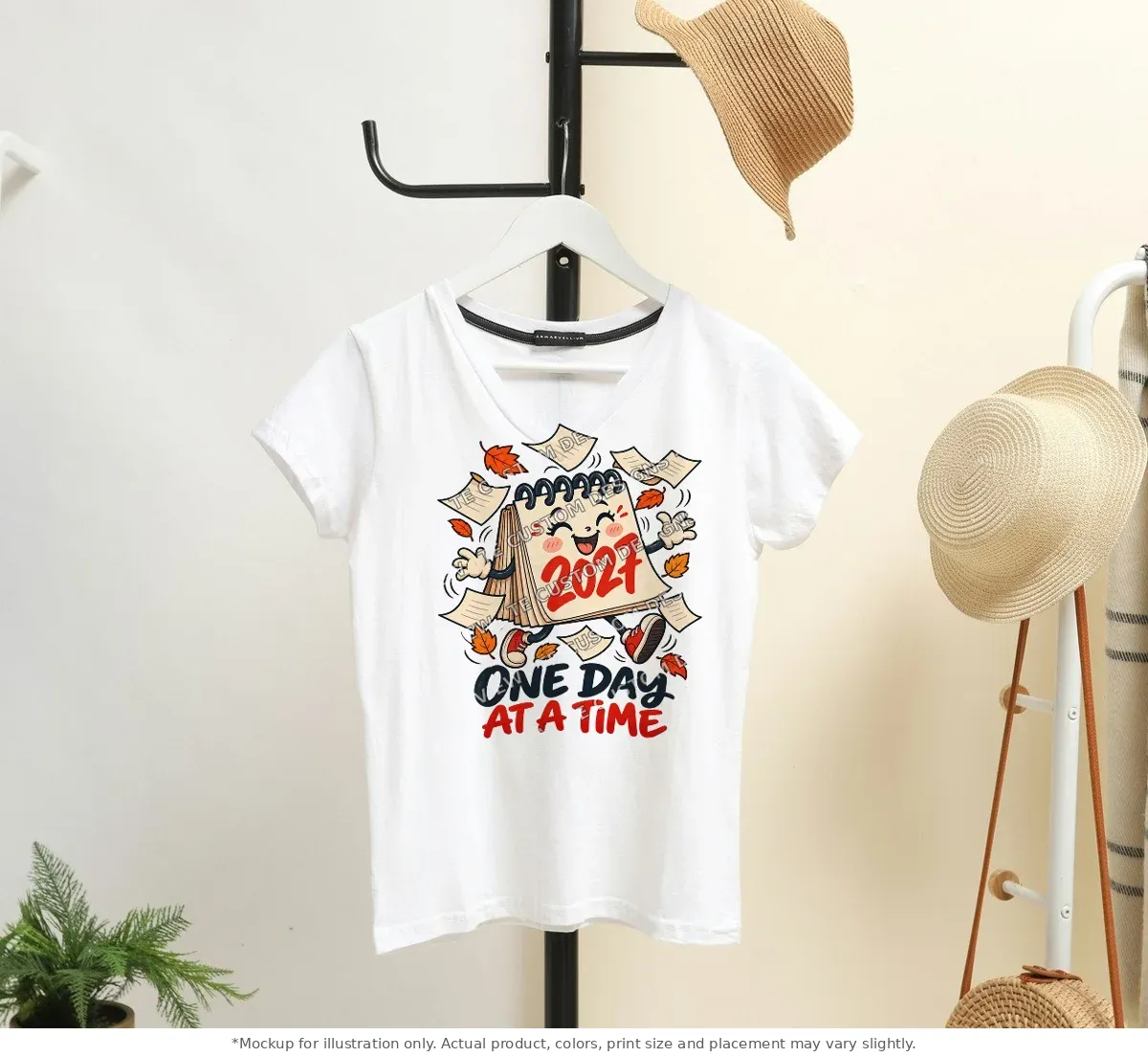 White tee mockup, on a hanger in a styled room