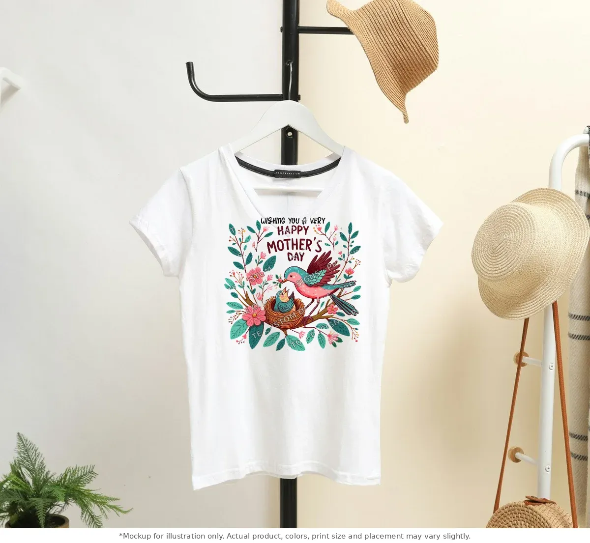White tee mockup, on a hanger in a styled room