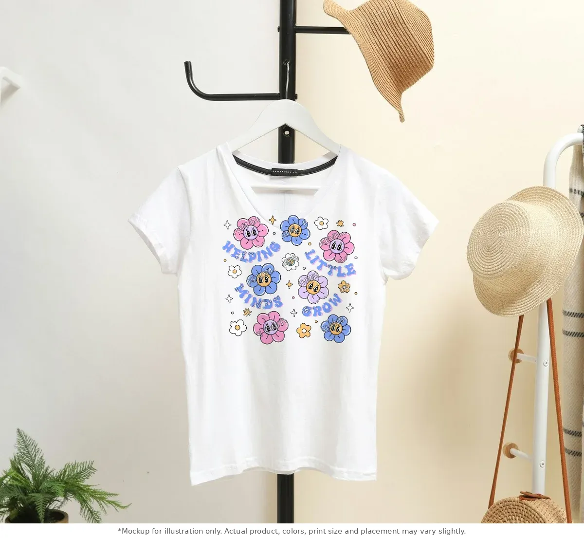 White tee mockup, on a hanger in a styled room