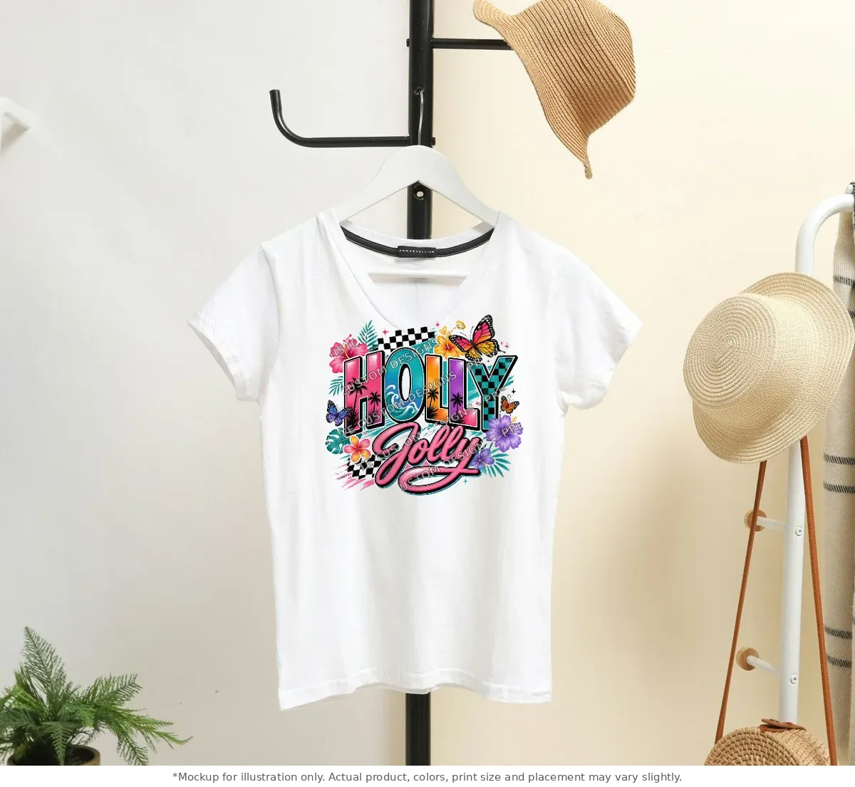 White tee mockup, on a hanger in a styled room