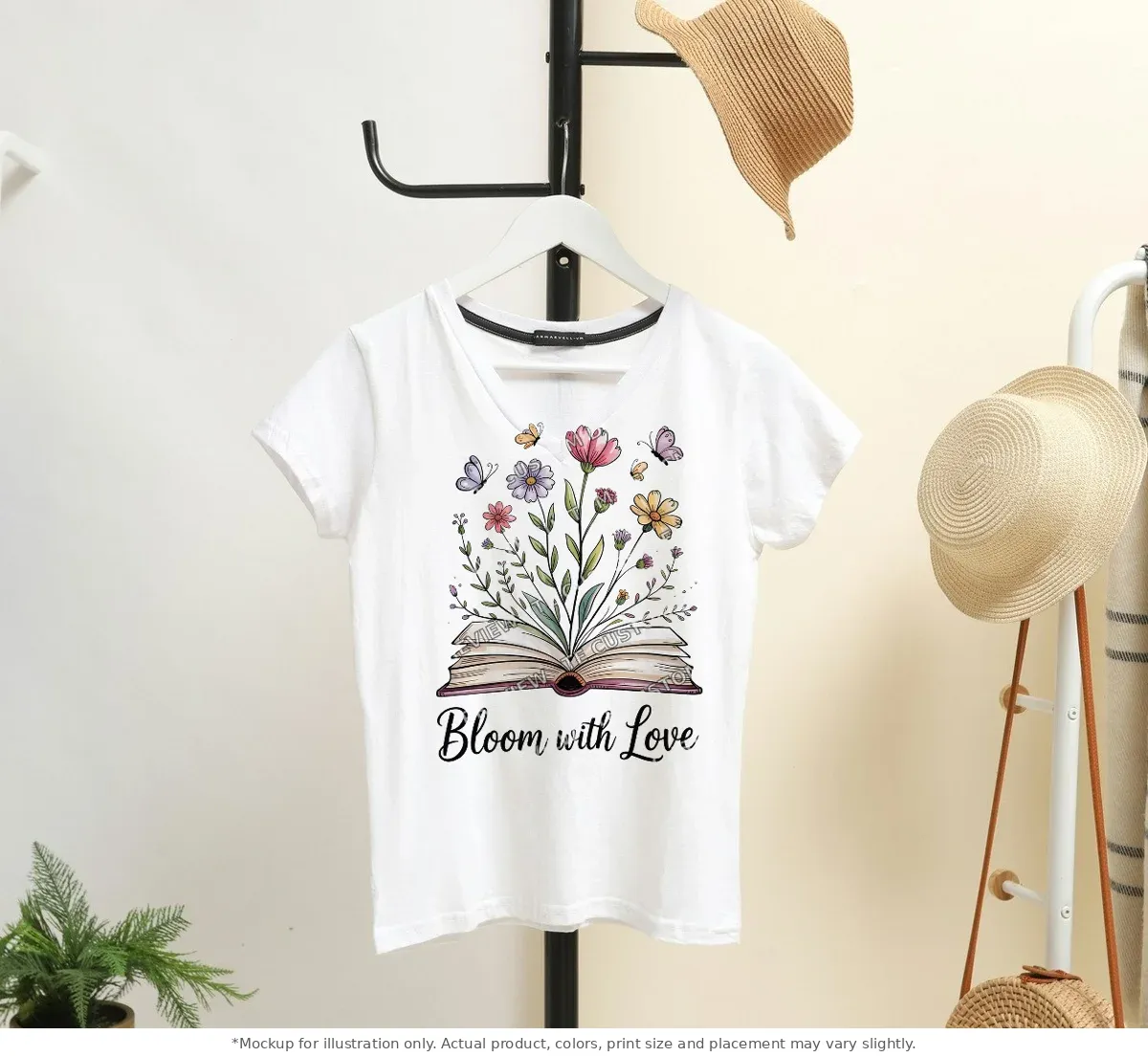 White tee mockup, on a hanger in a styled room