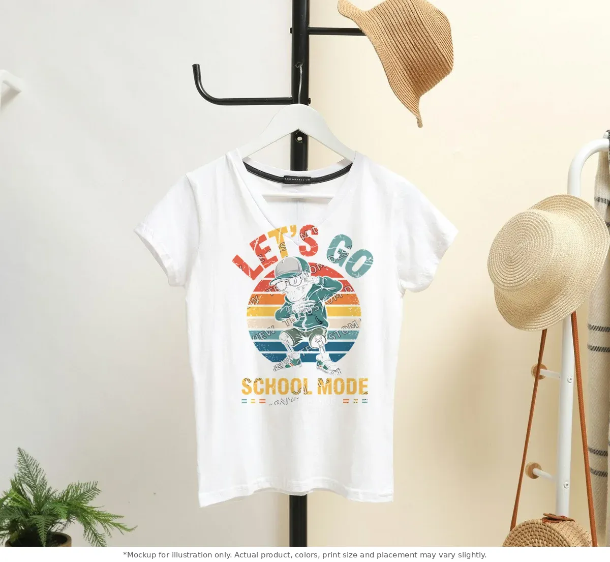 White tee mockup, on a hanger in a styled room