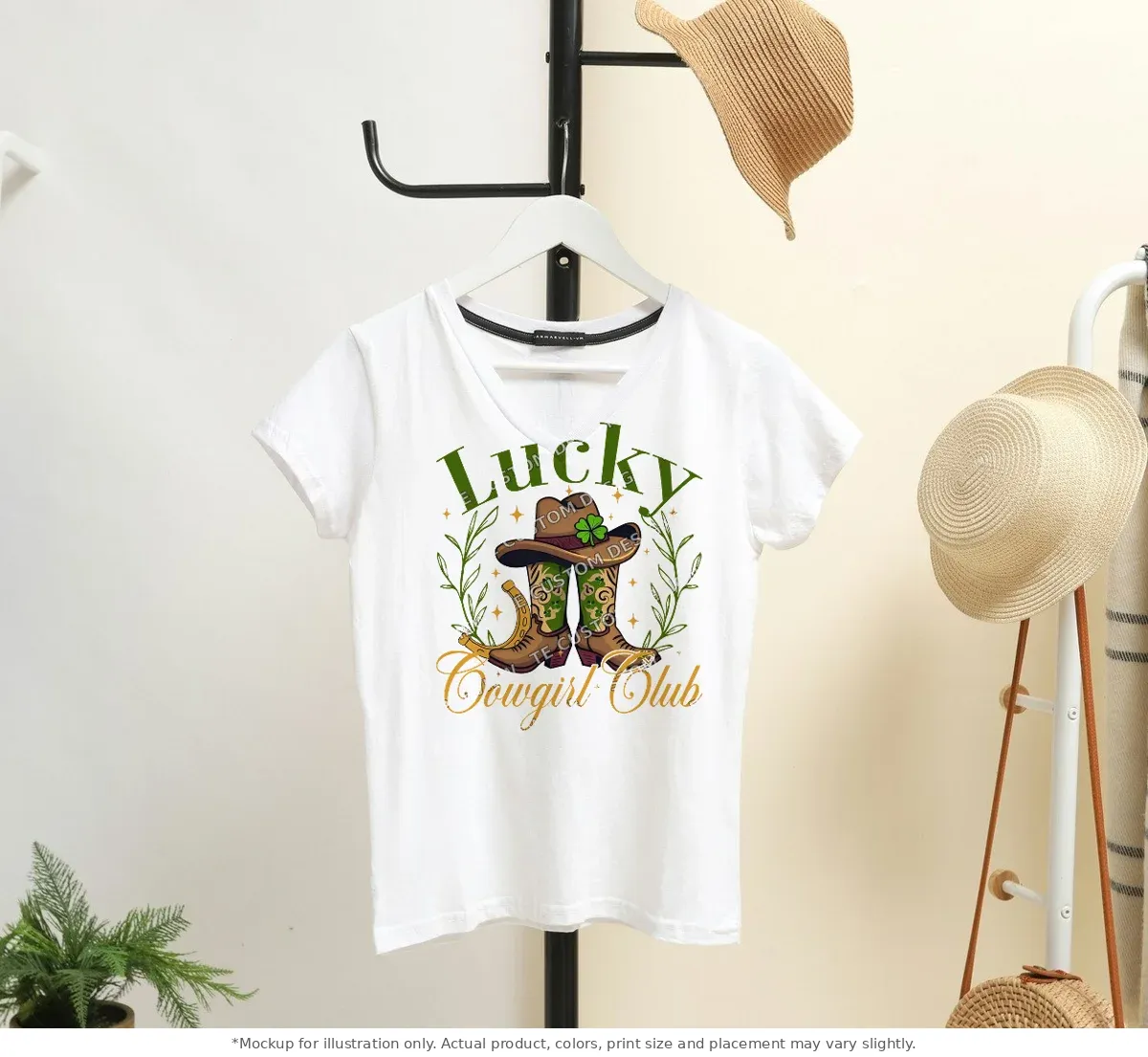White tee mockup, on a hanger in a styled room