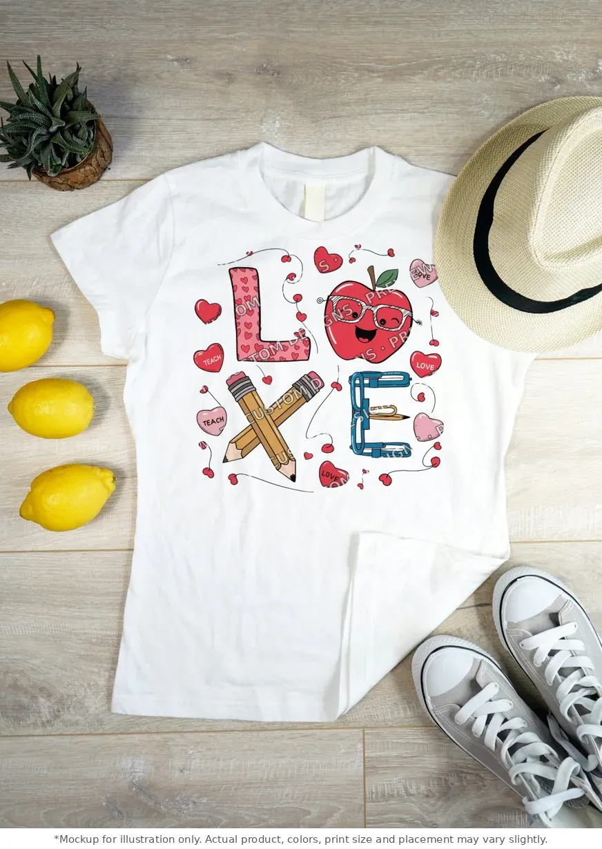 White tee mockup, flat lay on wood