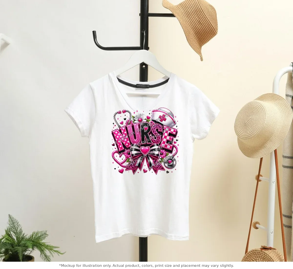 White tee mockup, on a hanger in a styled room