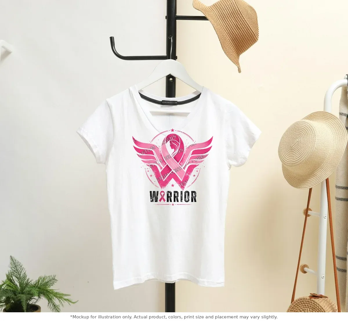White tee mockup, on a hanger in a styled room