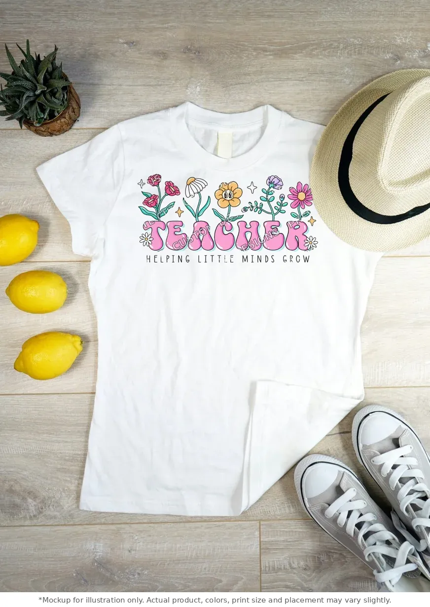 White tee mockup, flat lay on wood