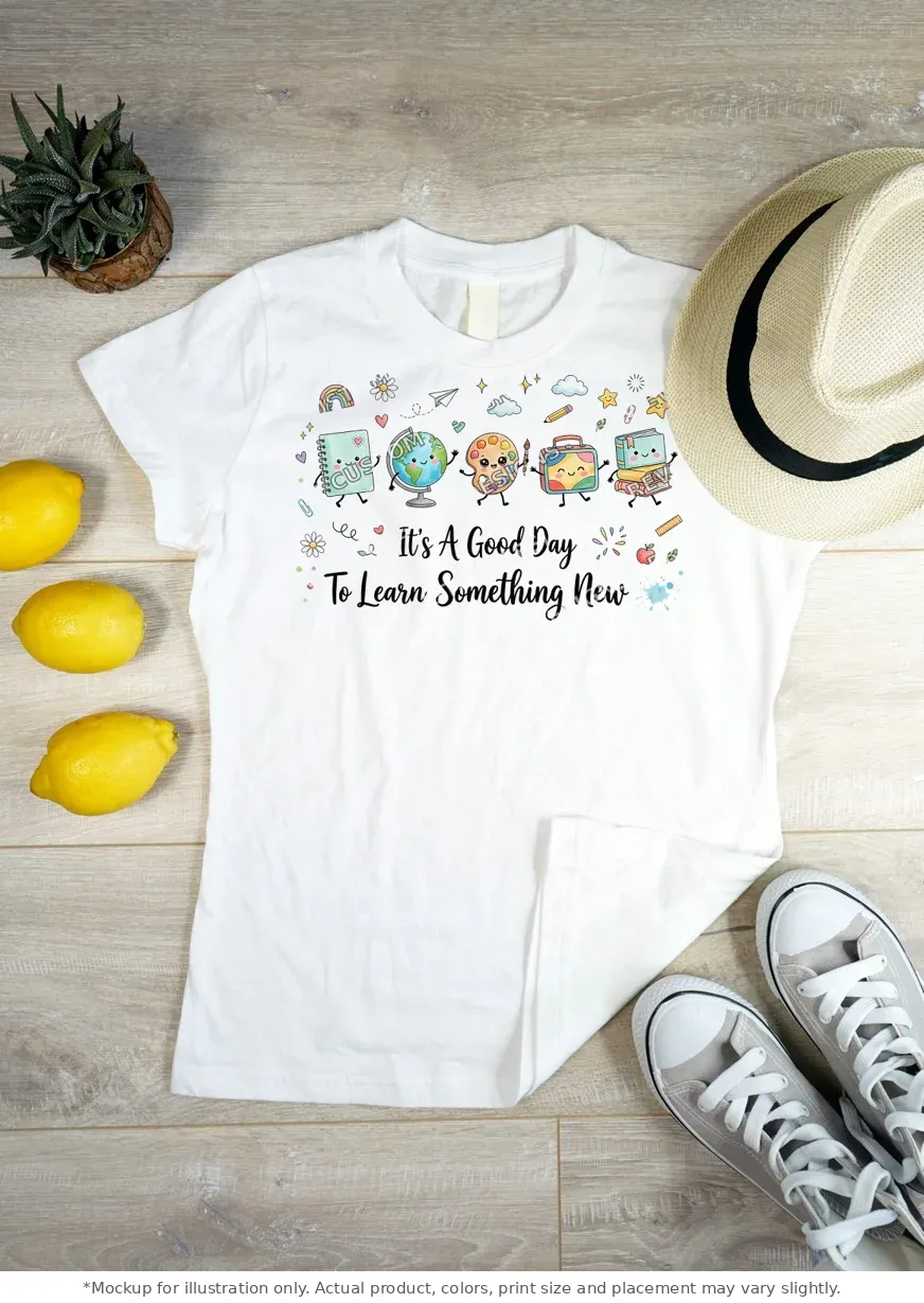 White tee mockup, flat lay on wood