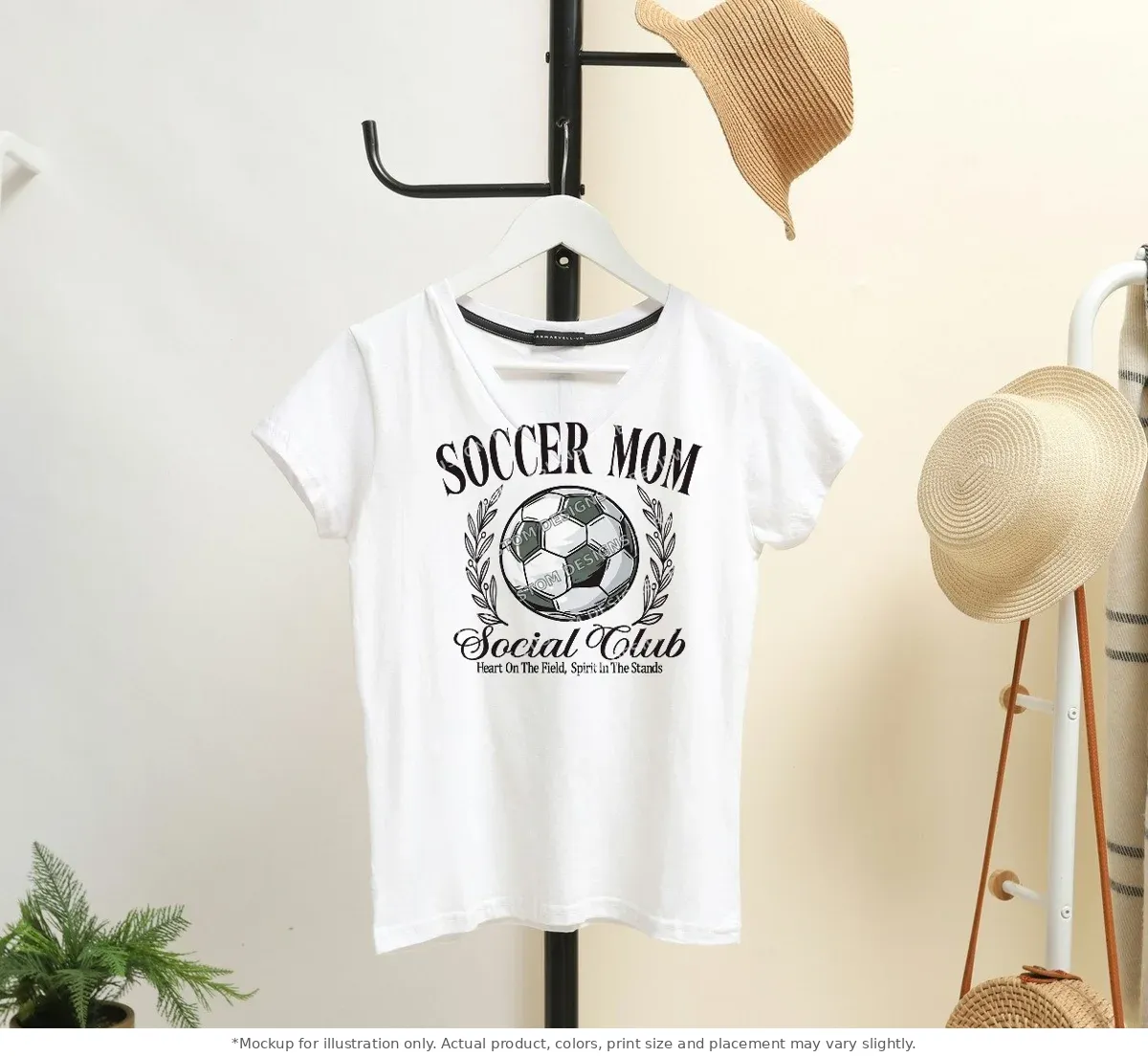 White tee mockup, on a hanger in a styled room