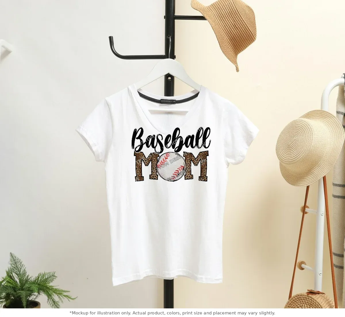 White tee mockup, on a hanger in a styled room