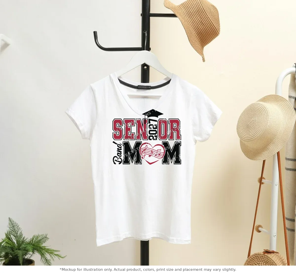 White tee mockup, on a hanger in a styled room