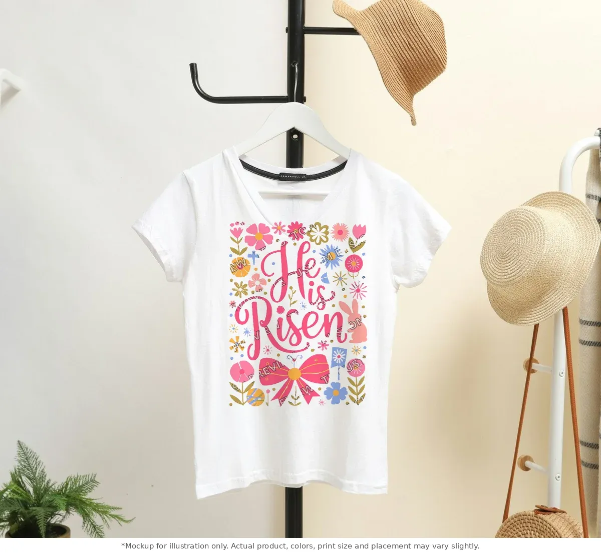 White tee mockup, on a hanger in a styled room