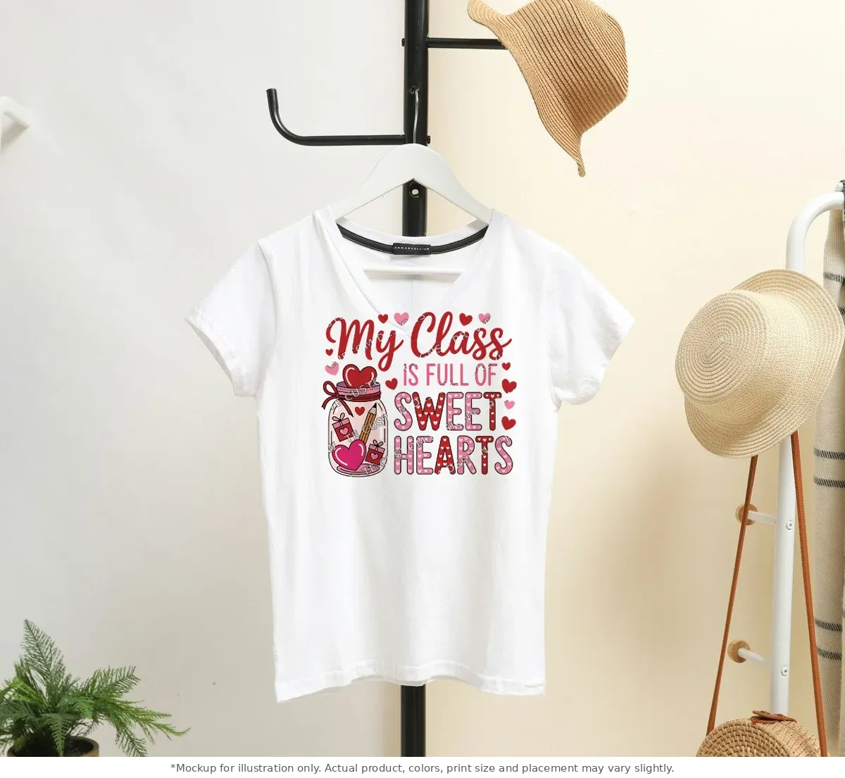 White tee mockup, on a hanger in a styled room