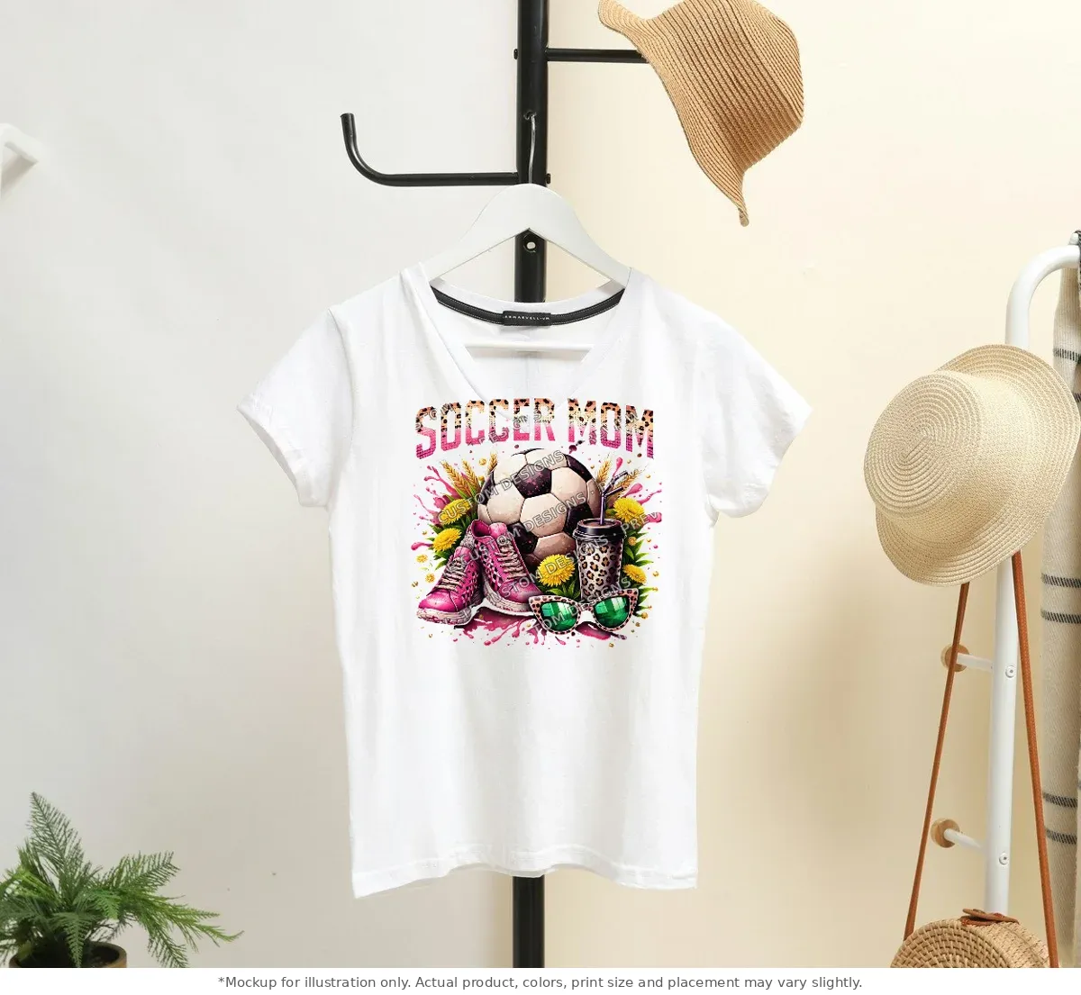 White tee mockup, on a hanger in a styled room