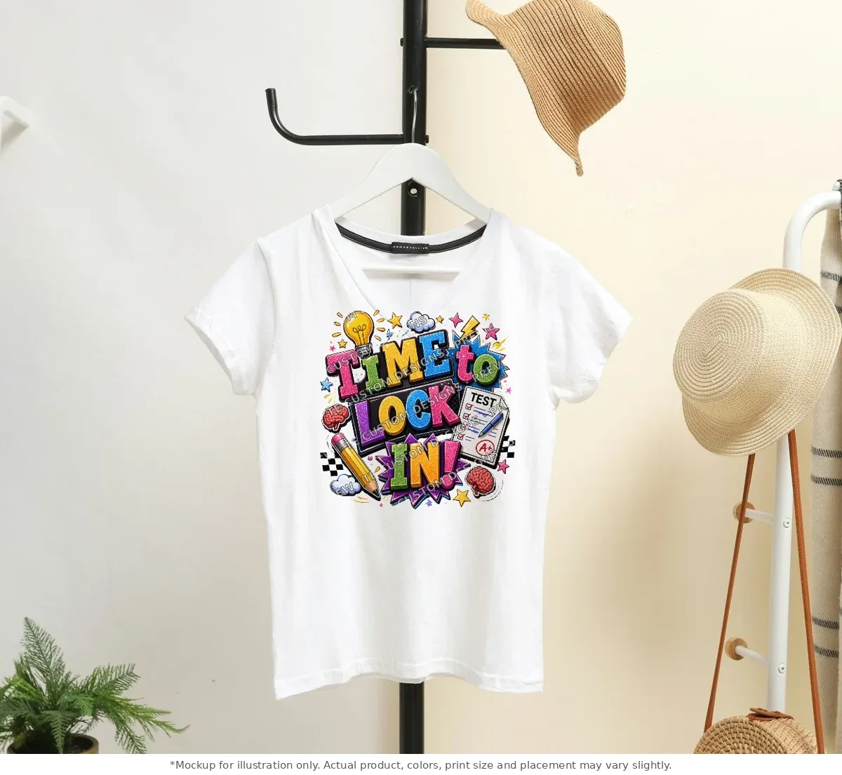 White tee mockup, on a hanger in a styled room