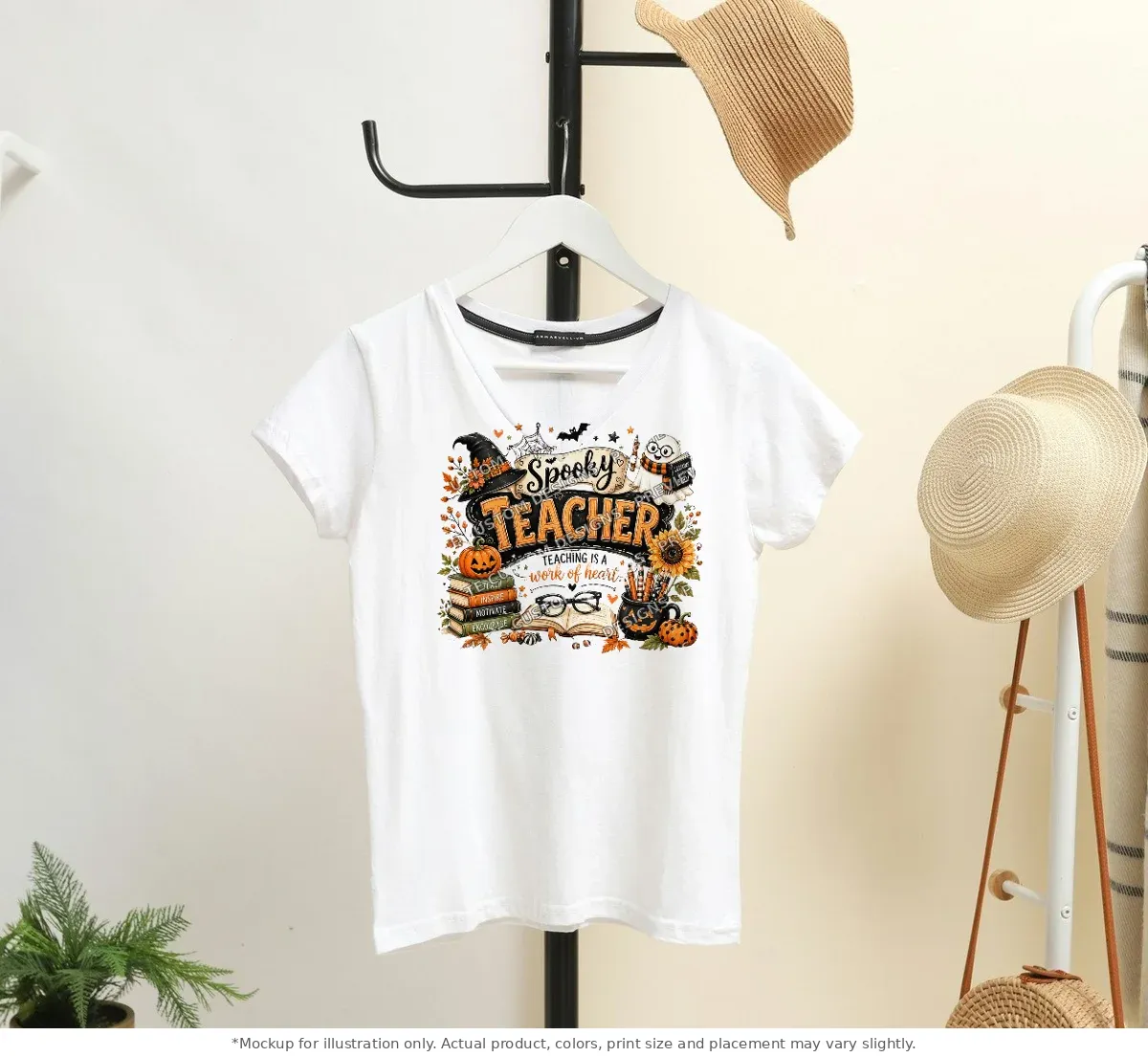 White tee mockup, on a hanger in a styled room