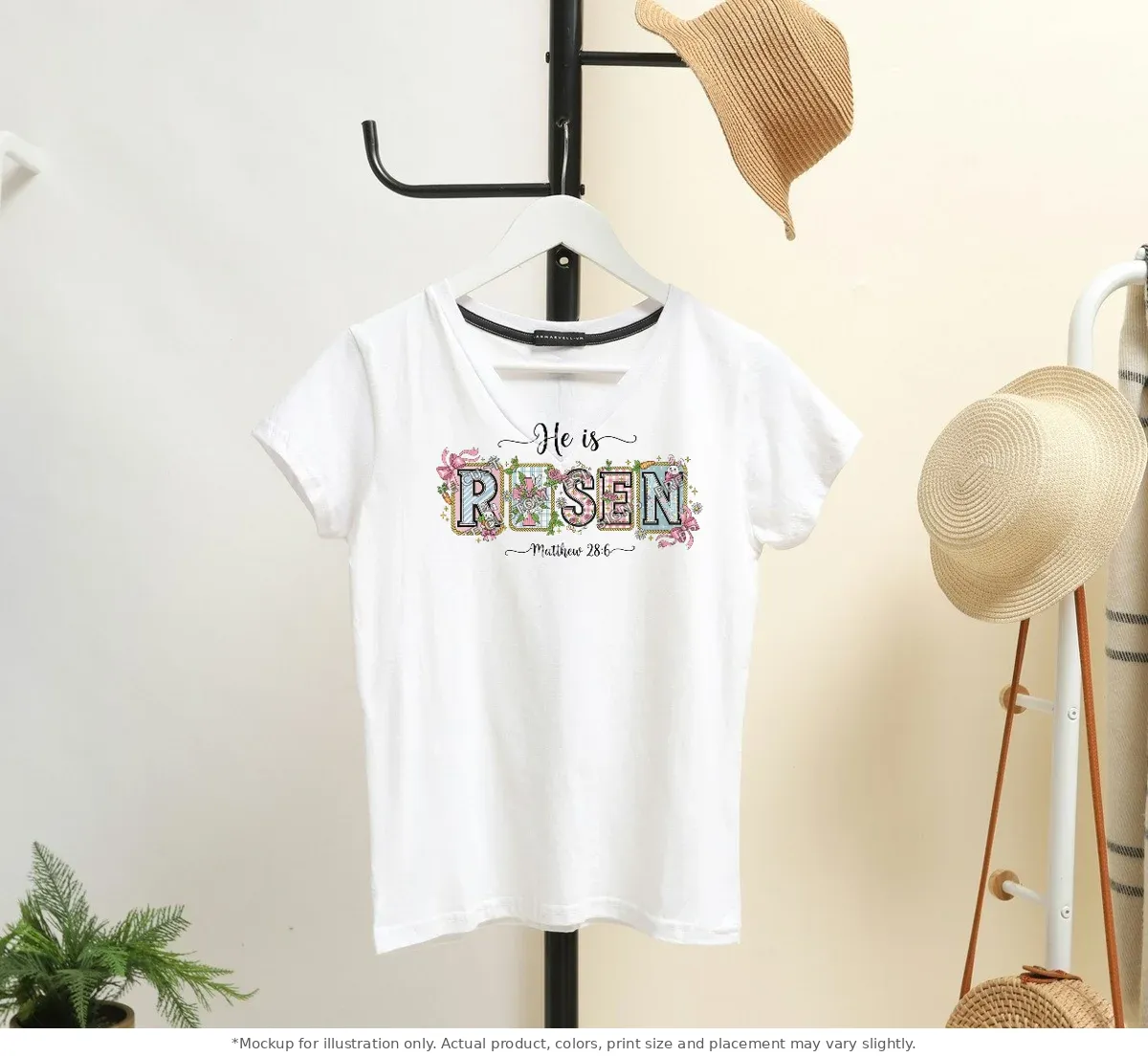 White tee mockup, on a hanger in a styled room