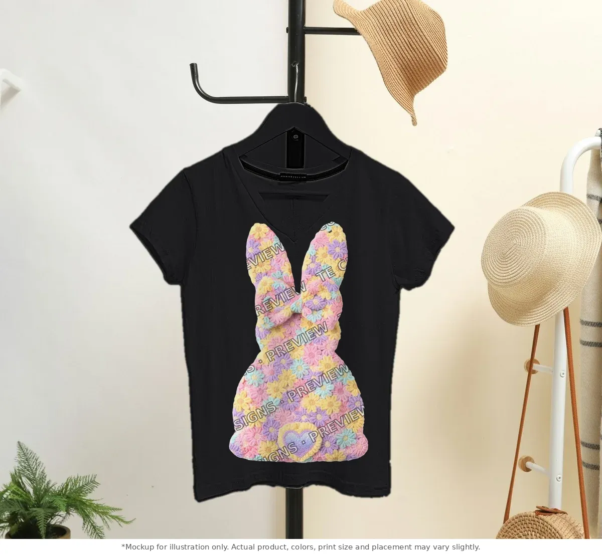 Black tee mockup, on a hanger in a styled room