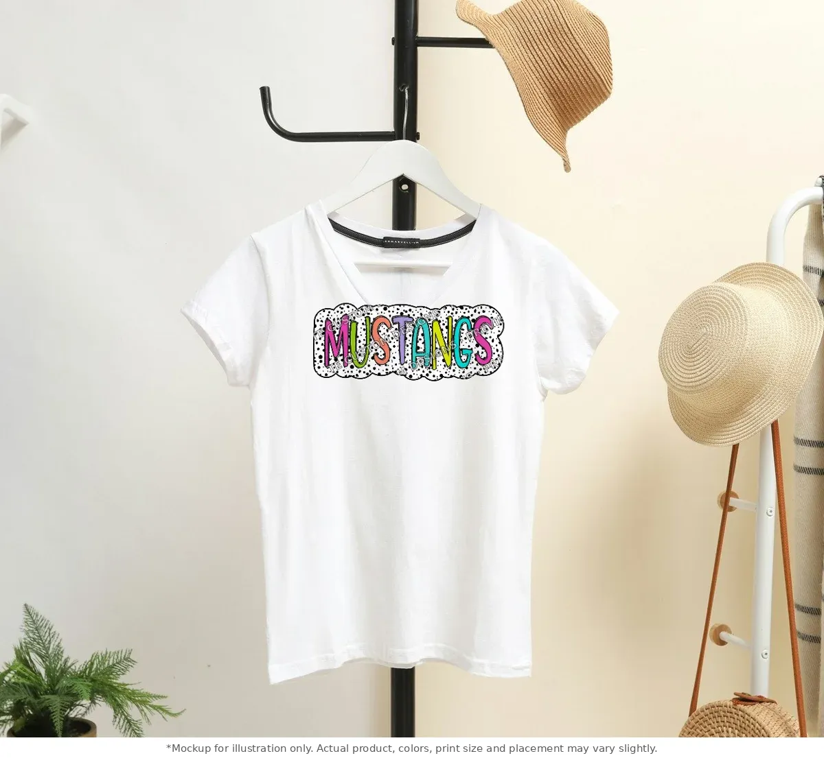 White tee mockup, on a hanger in a styled room