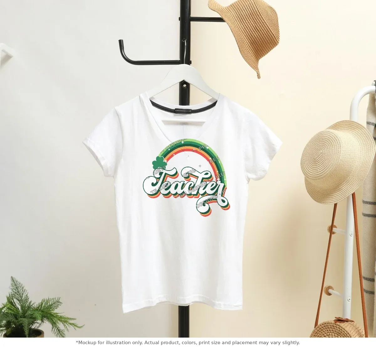 White tee mockup, on a hanger in a styled room