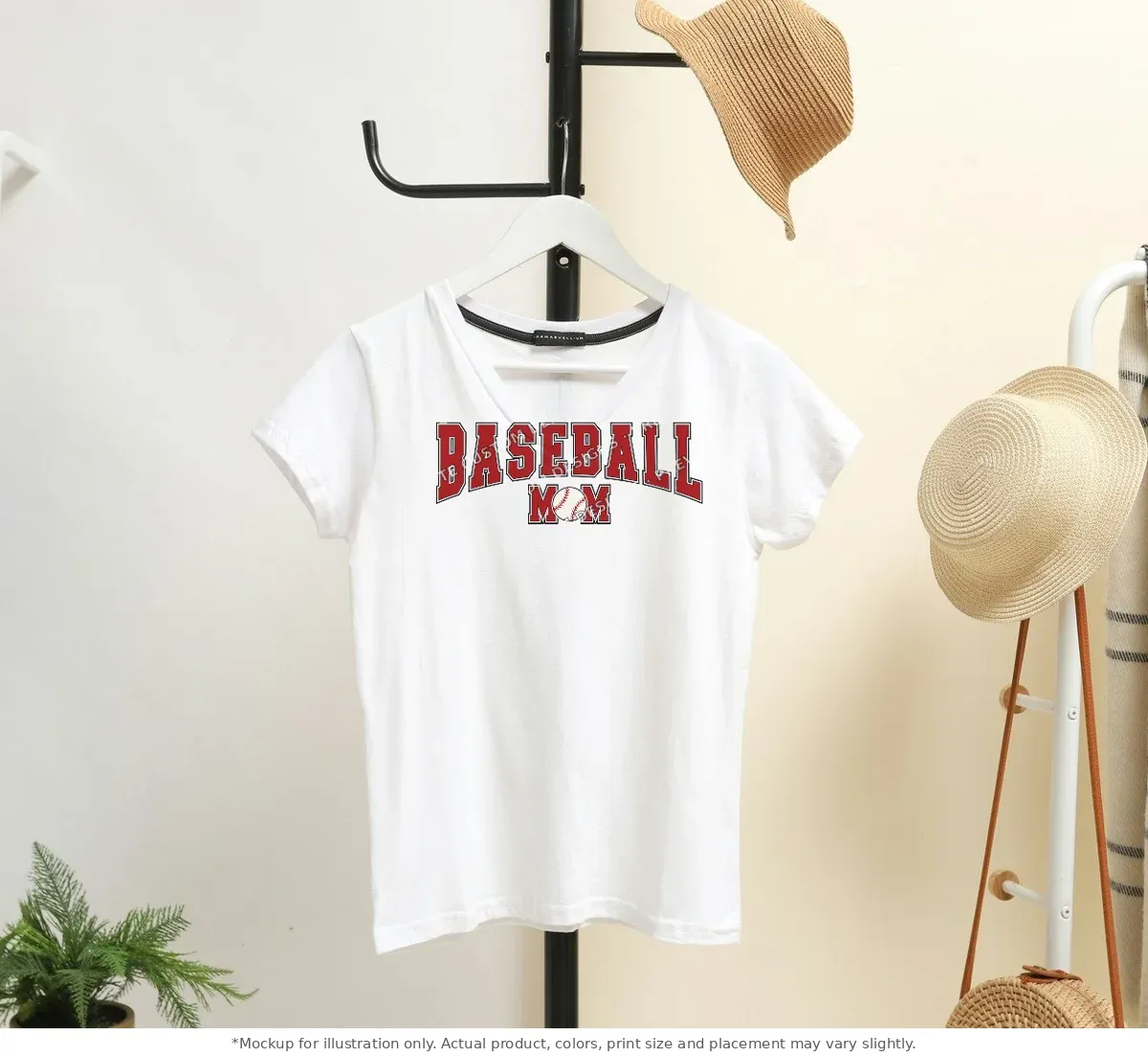 White tee mockup, on a hanger in a styled room