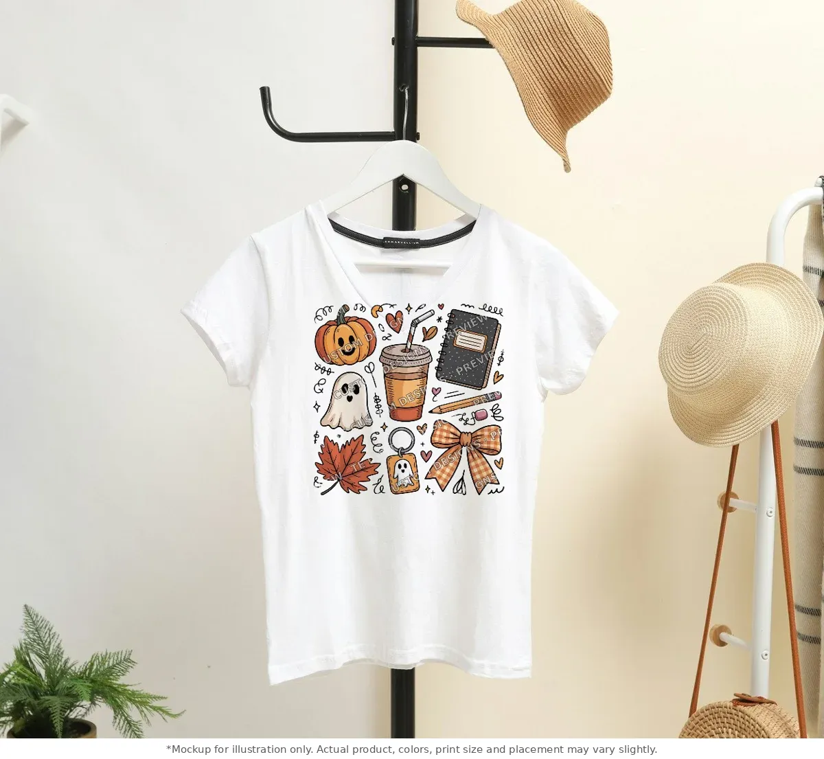 White tee mockup, on a hanger in a styled room