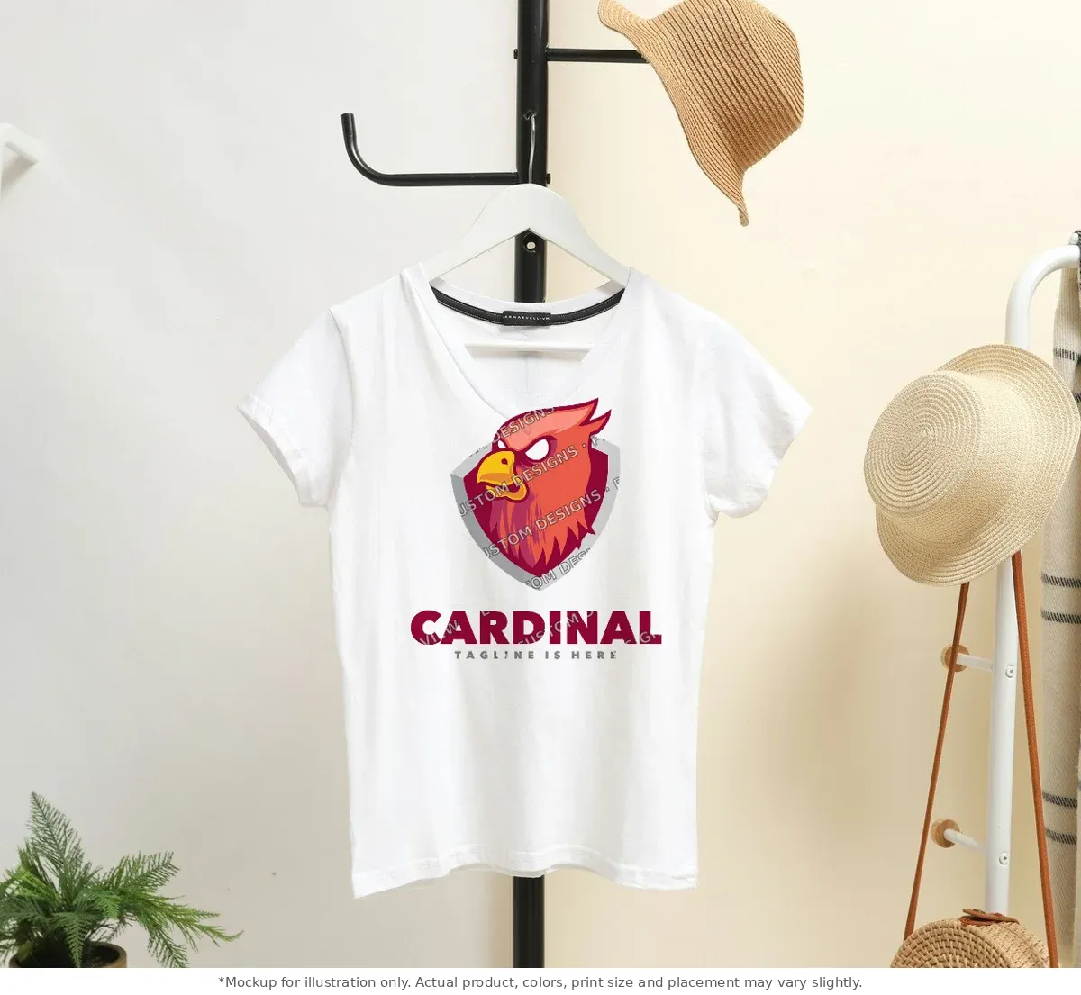 White tee mockup, on a hanger in a styled room