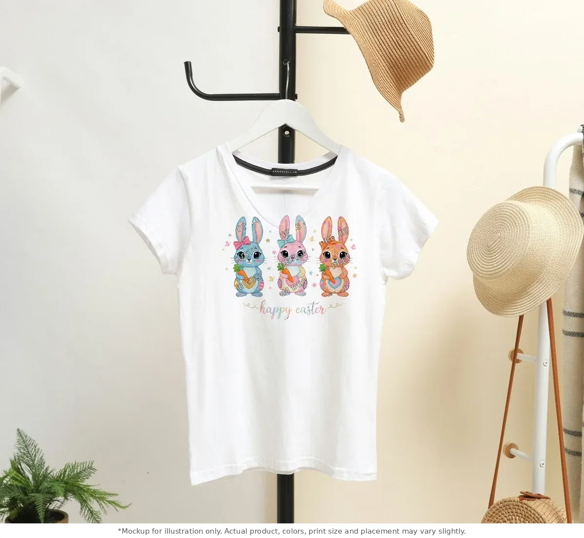 White tee mockup, on a hanger in a styled room