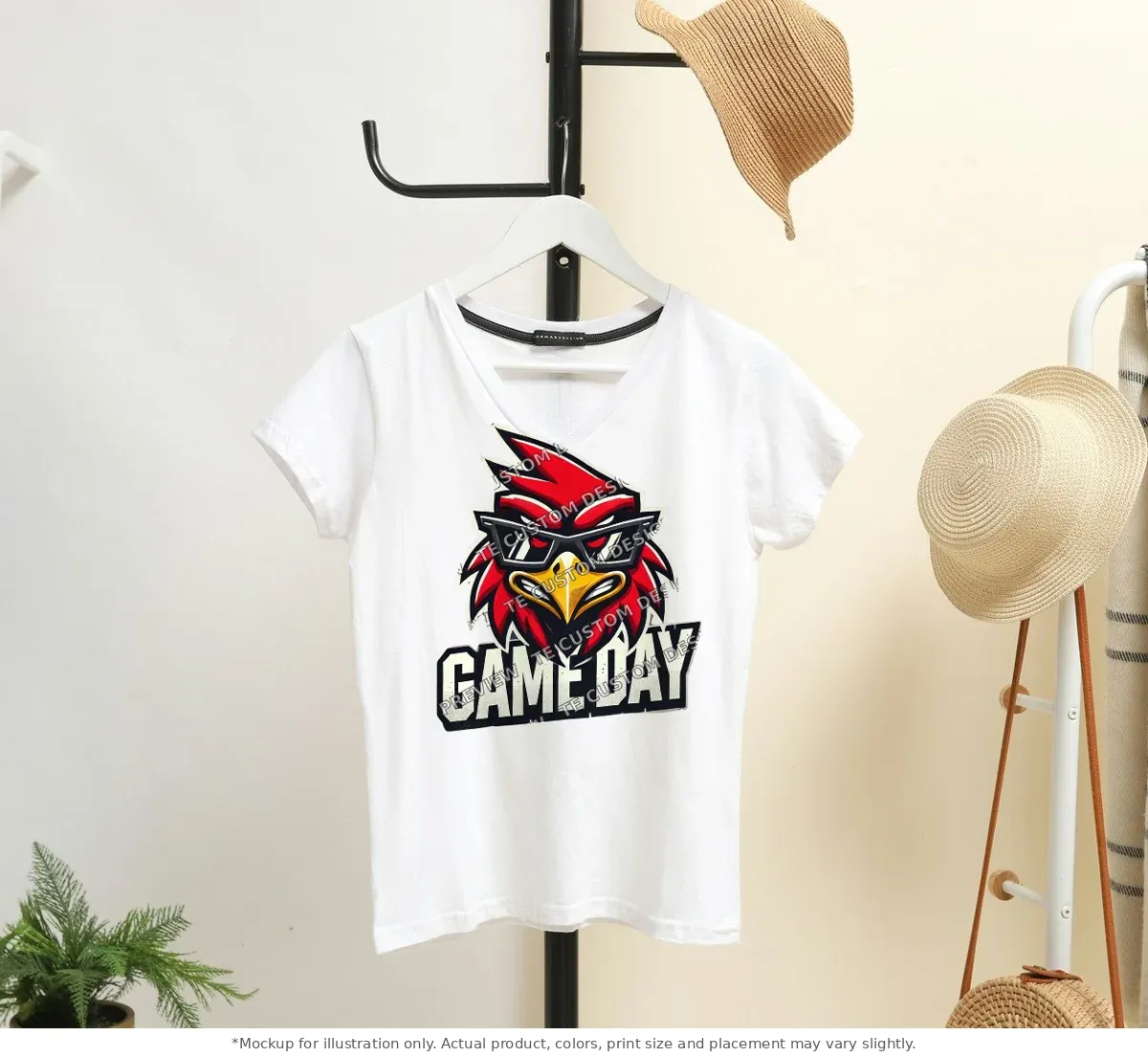 White tee mockup, on a hanger in a styled room