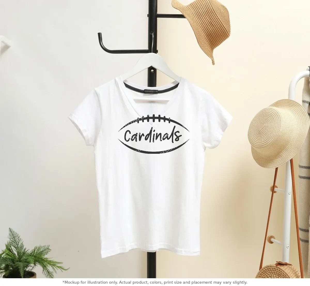 White tee mockup, on a hanger in a styled room