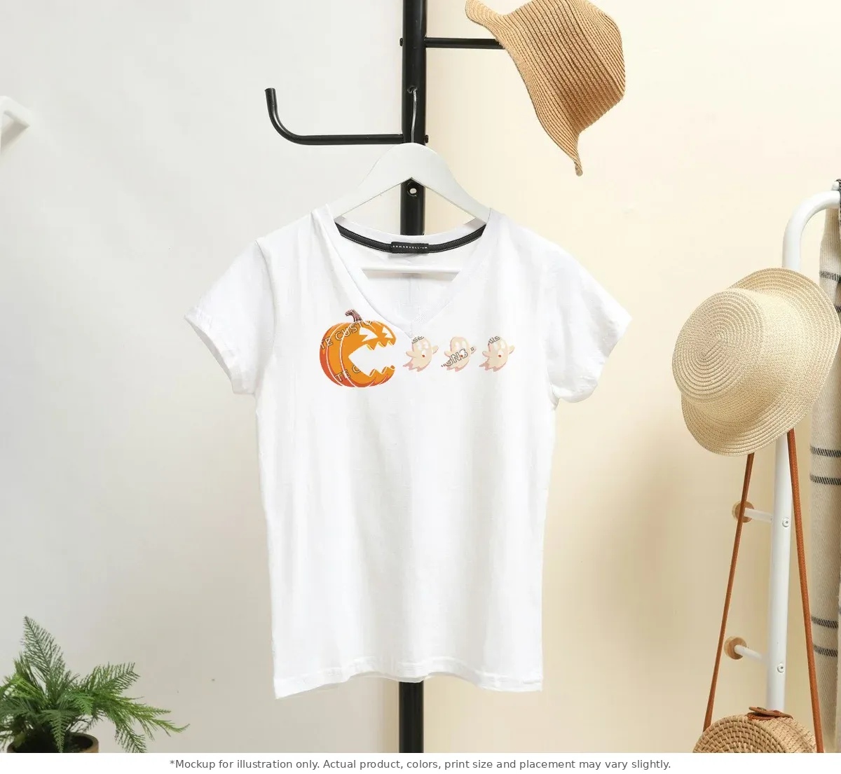 White tee mockup, on a hanger in a styled room
