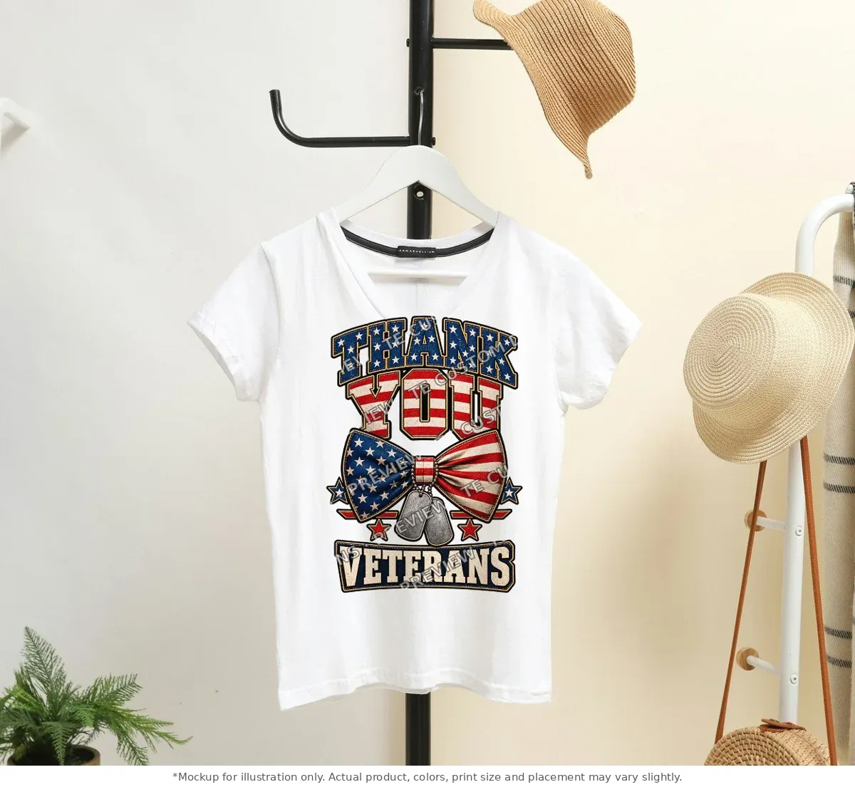 White tee mockup, on a hanger in a styled room
