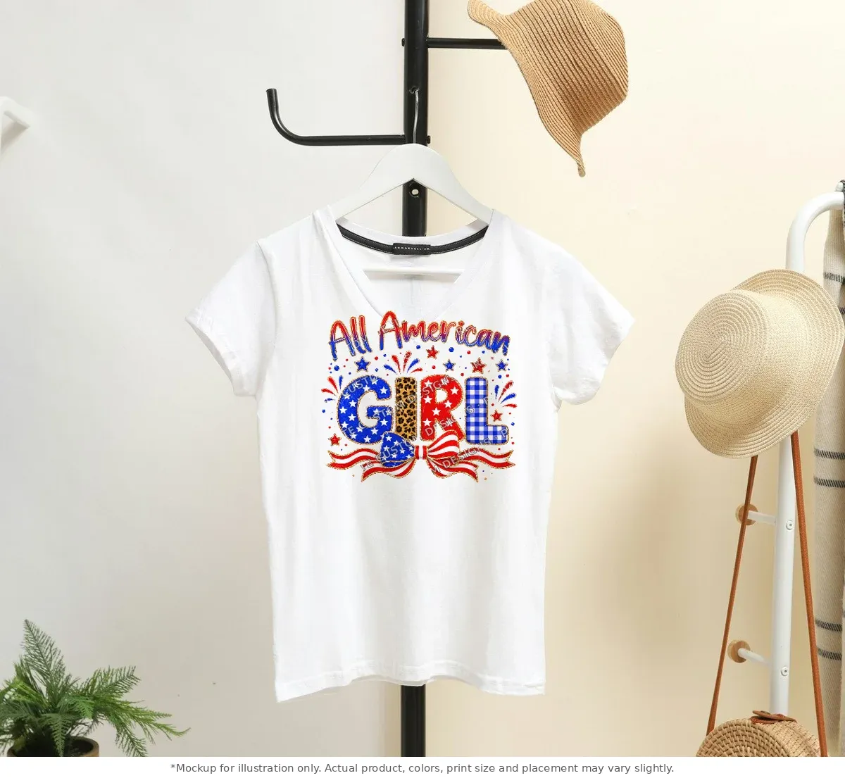 White tee mockup, on a hanger in a styled room