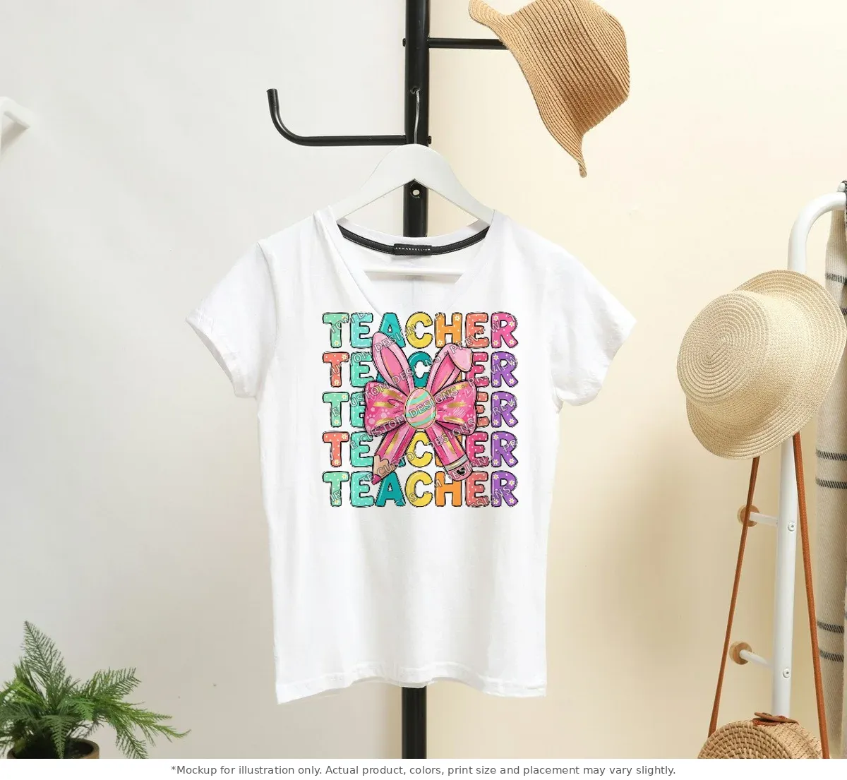 White tee mockup, on a hanger in a styled room