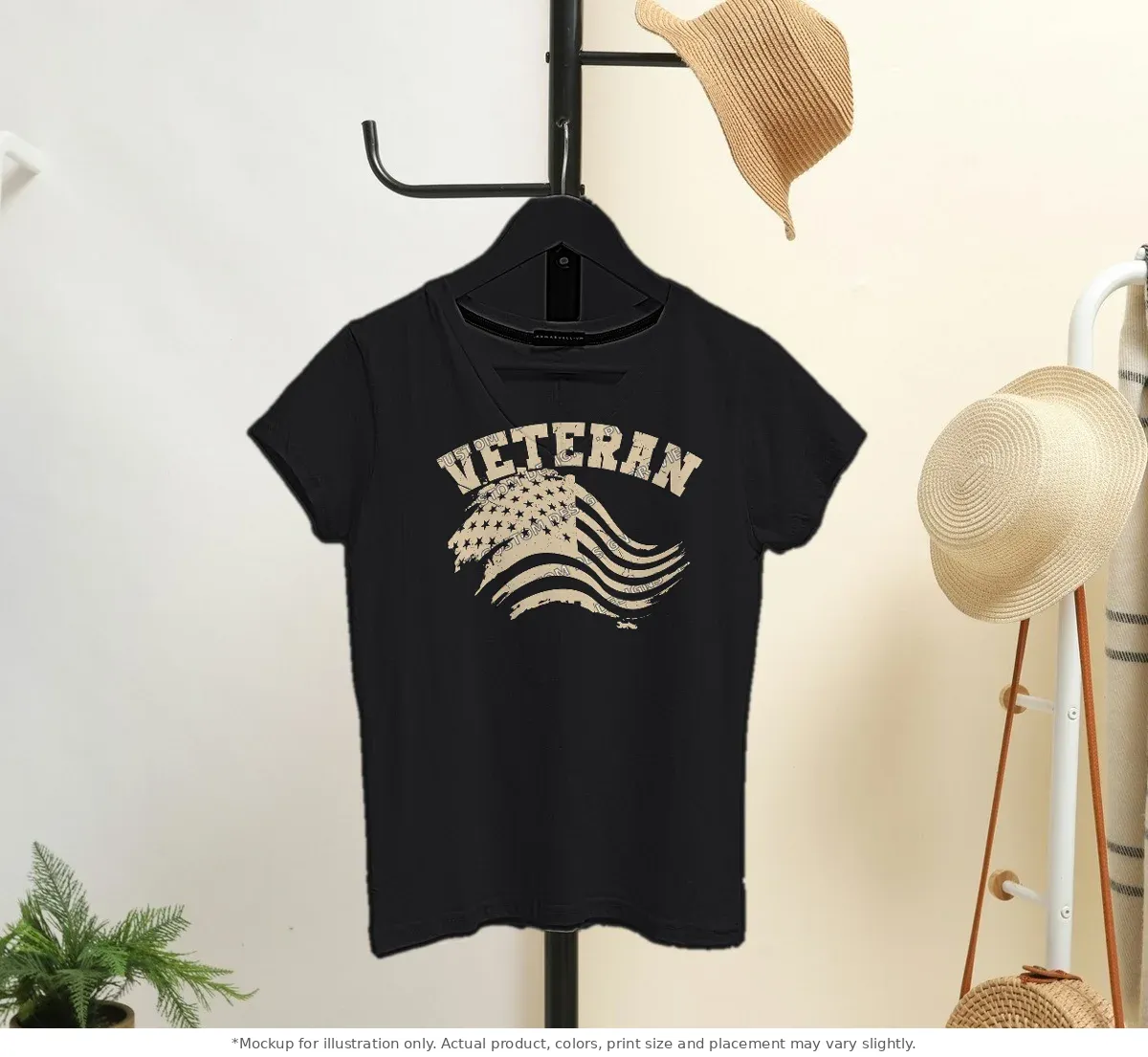Black tee mockup, on a hanger in a styled room