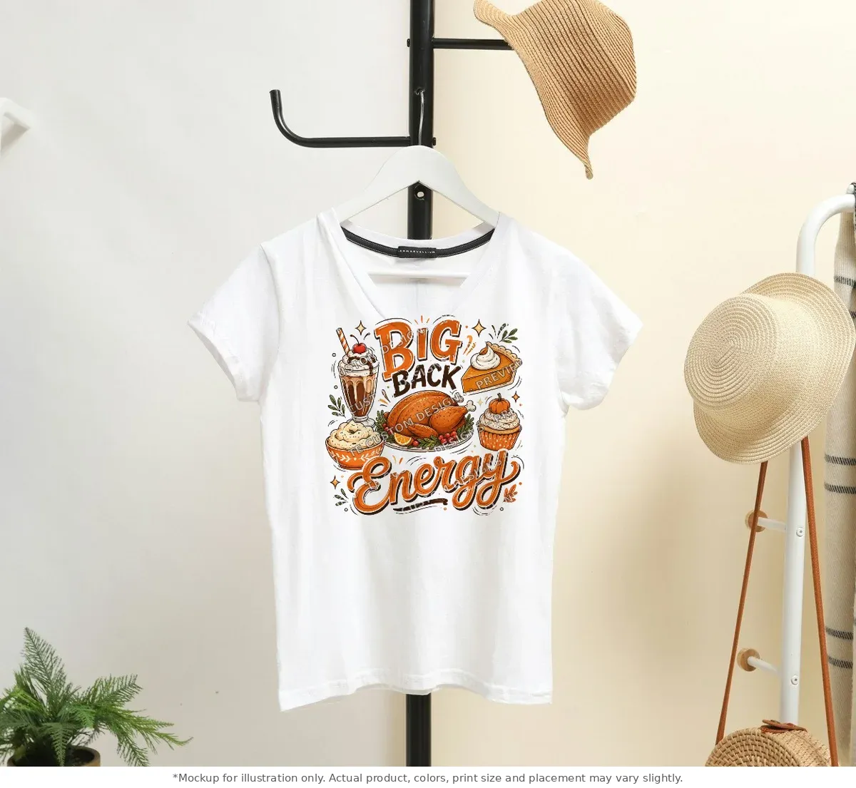 White tee mockup, on a hanger in a styled room
