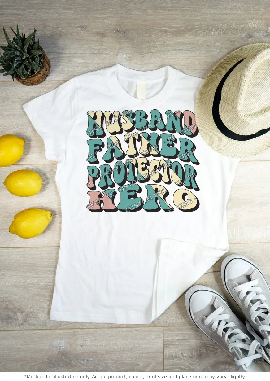 White tee mockup, flat lay on wood