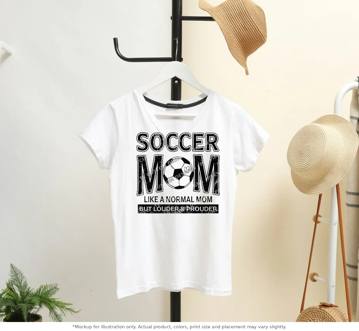 White tee mockup, on a hanger in a styled room