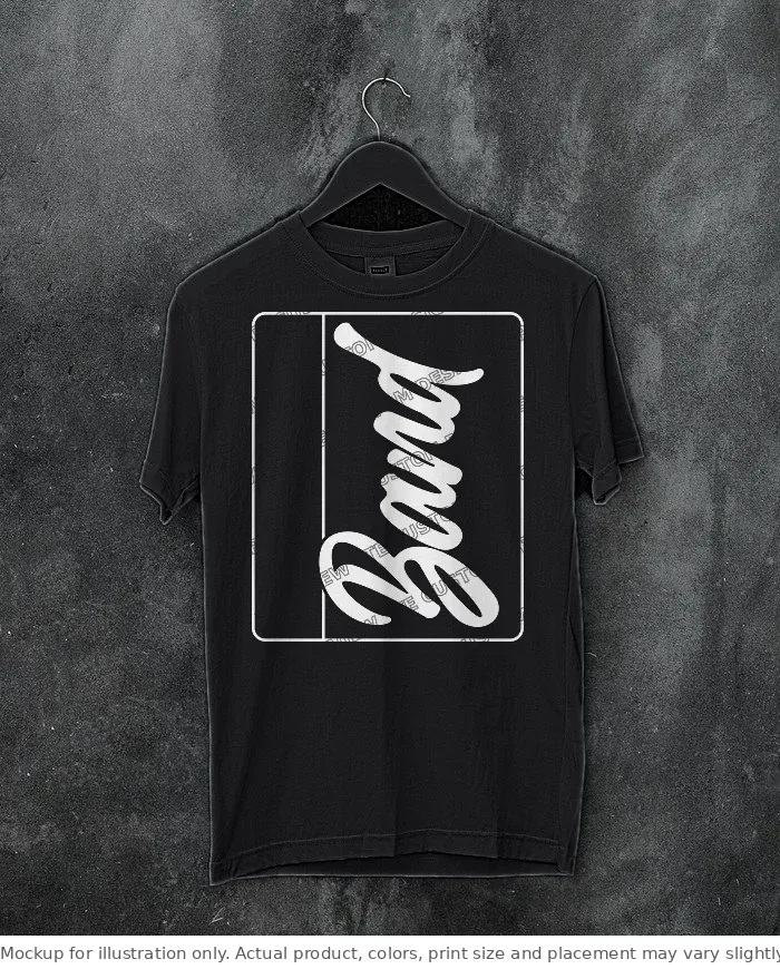 Black tee mockup, on a hanger, concrete wall