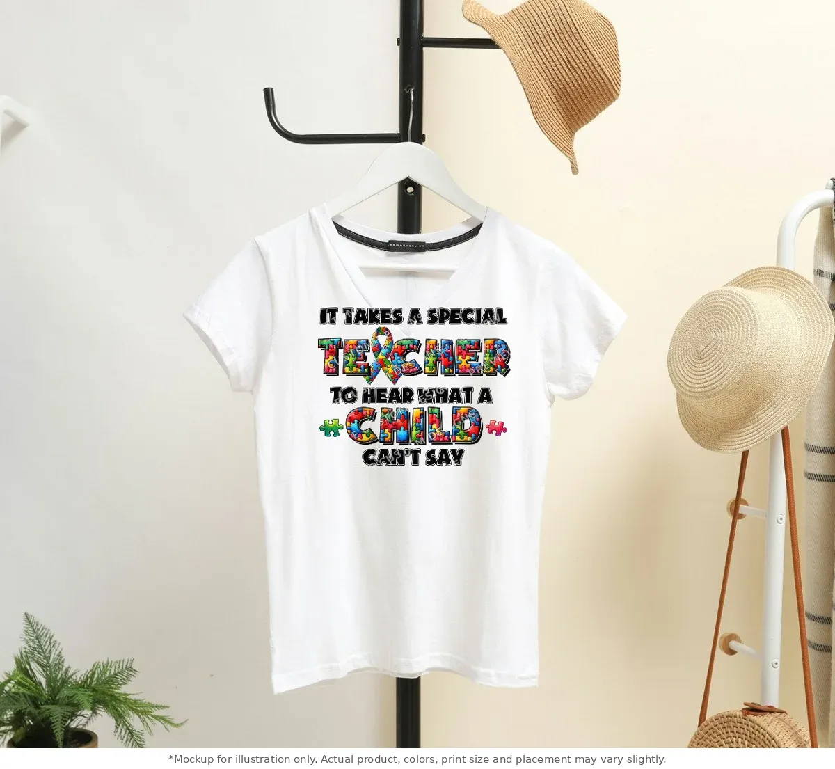 White tee mockup, on a hanger in a styled room