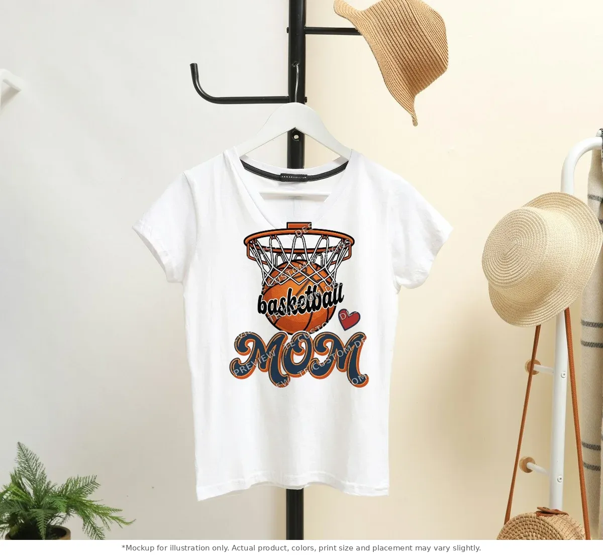 White tee mockup, on a hanger in a styled room